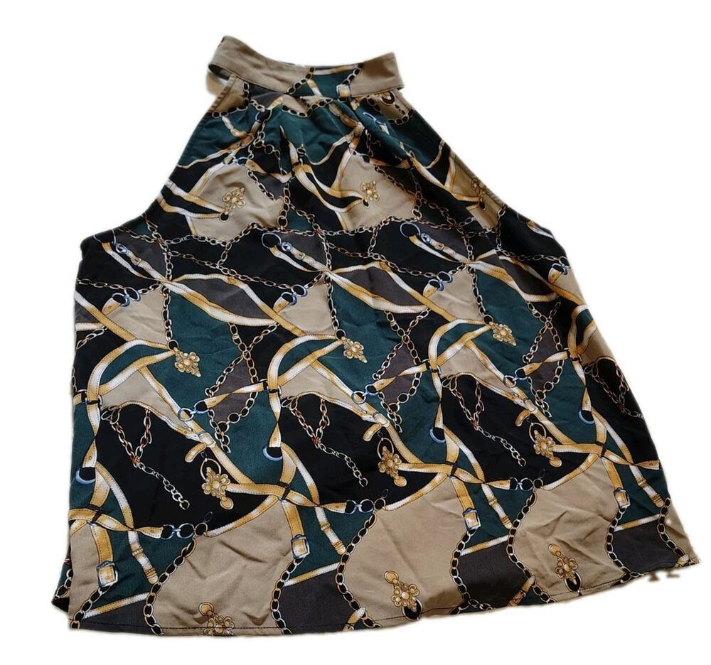 REVAMPED Halter Top Blouse Size XL Chain Link Equestrian Print Rhinestone...